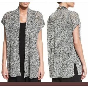Eileen Fisher Sleeveless Open Knit Linen Blend Cardigan Black White Sz M Beachy